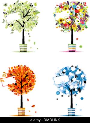 Four seasons - spring, summer, autumn, winter. Art trees in pots for your design Stock Vector