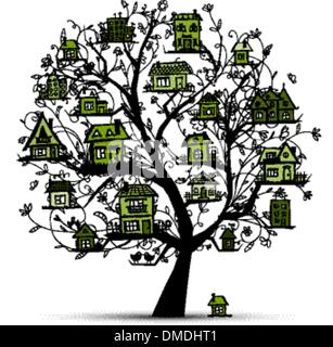 Tree with green houses on branches Stock Vector