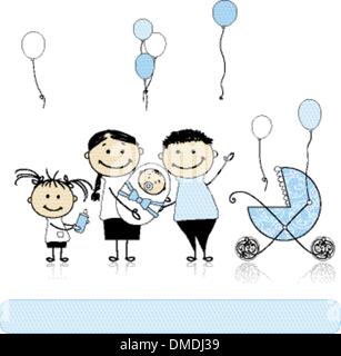 Happy birthday, parents with children, newborn baby Stock Vector