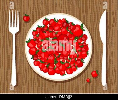Apples on plate with fork and knife on wooden background for your design Stock Vector
