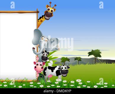 funny animal smiling with blank sign and tropical forest background Stock Vector