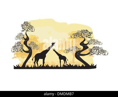 Two giraffes silhouette, with jungle landscape Stock Vector