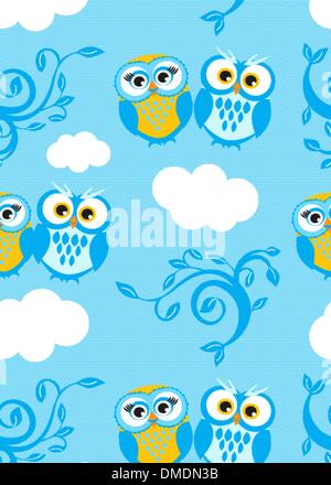 Two cute owls on the tree branch  decoration seamless Stock Vector