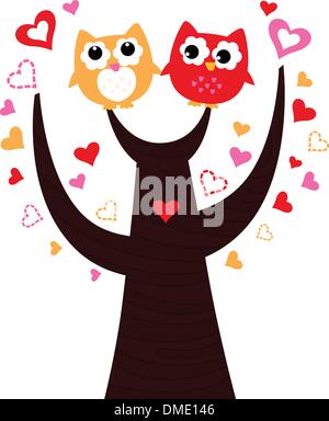 Cute vector love Owls on tree isolated on white Stock Vector