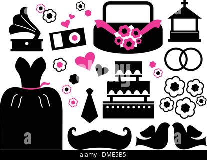 Retro wedding items and design elements isolated on white Stock Vector