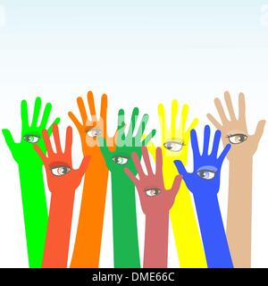 happy multicolored hands with beautiful eye vector Stock Vector