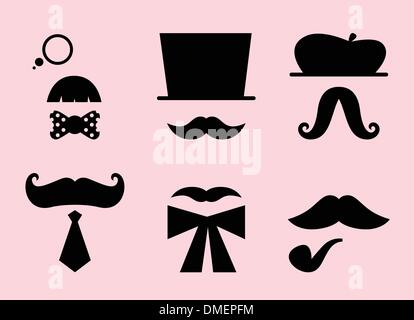 Mustaches and hats retro accessories isolated on pink Stock Vector