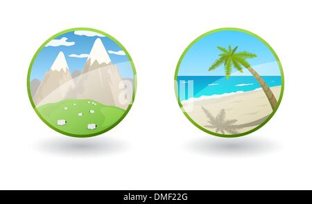 Vector travel icons with sea and mountains Stock Vector