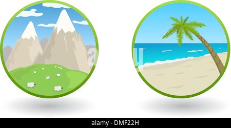 Vector travel icons with sea and mountains Stock Vector