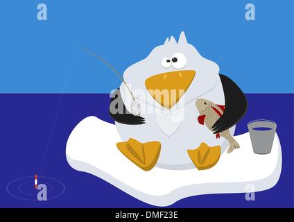 Funny penguin fishing on ice Stock Vector