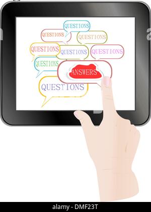 Hand check answer cloud on Touch screen of Tablet PC Stock Vector