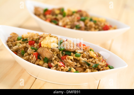 Homemade Chinese fried rice with vegetables, chicken and fried eggs served in bowl Stock Photo