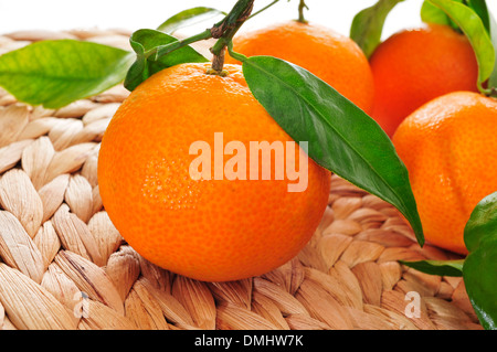 closeup of a pile of mandarin oranges on a table Stock Photo