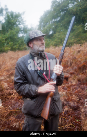 Man on pheasant hunt with gun, Dartmoor, Devon, England Stock Photo