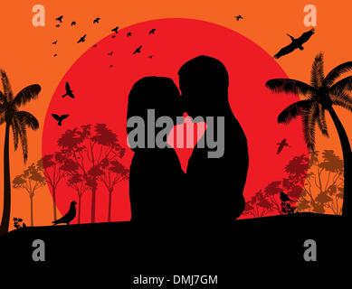 Couple kissing at red sunset on the park Stock Vector