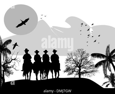 Silhouette cowboys with horses Stock Vector