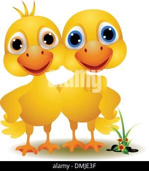 Cute cartoon baby ducks. Two funny yellow ducklings in simple kawaii ...