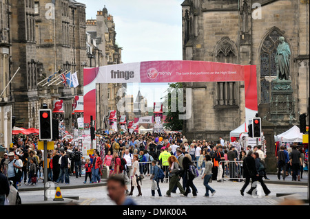 A view looking down The Royal Mile in Edinburgh, Scotland during the Edinburgh Festival in Scotland. Stock Photo