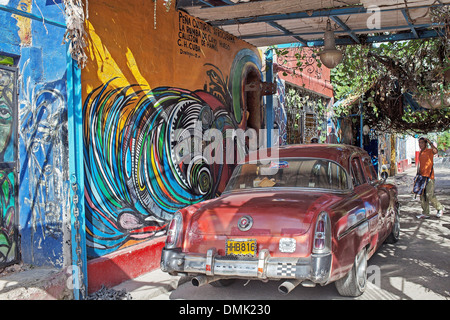 PAINTED WALLS IN THE CITY, LA SANTERIA PAINTINGS (CUBAN SYNCRETISM, AFRO-CARIBBEAN CULTURE), PICTORIAL WORKS BY SALVADOR GONZALEZ ESCALONA, CALLEJON DE HAMEL, HAVANA, CUBA, THE CARIBBEAN Stock Photo