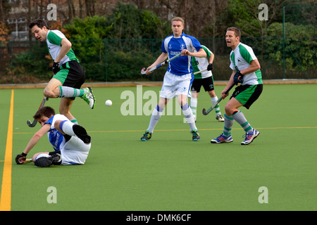 hockey action between didsbury northern hockey club and leeds. The match ends 2-2 leaving both teams in the two bottom positions Stock Photo