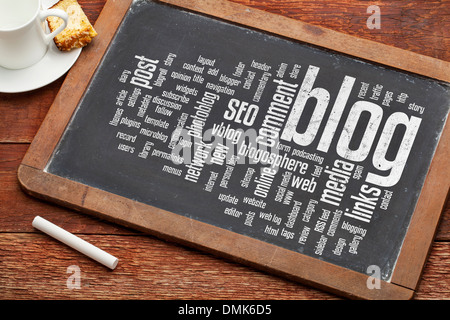 cloud of words or tags related to blogging and blog design on a vintage slate blackboard with a chalk and cup of coffee Stock Photo