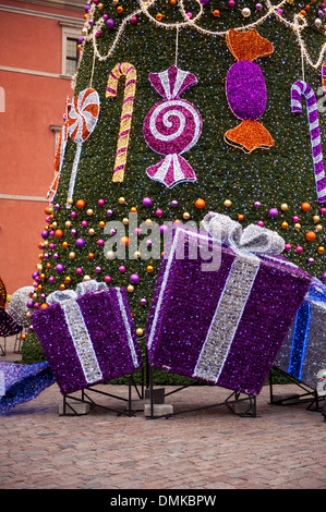 Christmas tree and two huge gifts decorations Stock Photo