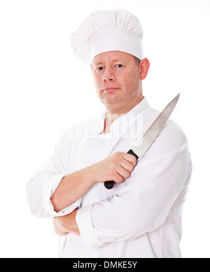 Male chef holding a knife isolated on white Stock Photo