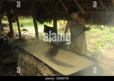 Hoti woman preparing a cassava flour in the Amazon jungle in Venezuela. Stock Photo