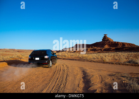 In the early morning of a spring day, with our rent car in front of magnificent Mexican Hat Stock Photo