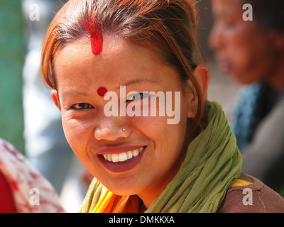 young girl from Nepal with red hear Stock Photo