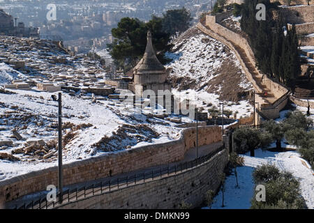 Snow blankets the tomb of Absalom, also called Absalom's Pillar, which is an ancient monumental rock-cut tomb with a conical roof dating to the 1st century AD located in the Kidron Valley in Jerusalem, Israel Stock Photo
