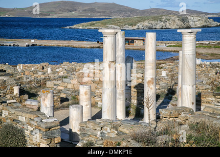 View overlooking 'Cleopatra's House' and the ruins of Delos, the historic Greek island. Stock Photo