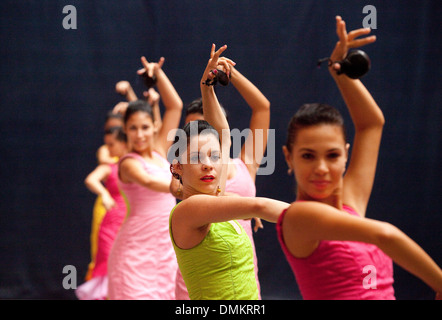 Flamenco dancers dancing in colorful dresses, Ballet Espanol de Cuba, Havana, Cuba, Caribbean, Latin America Stock Photo