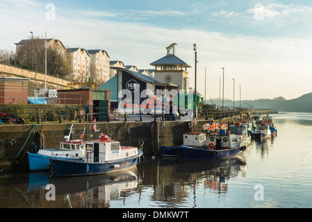 Small boats on the River Tyne at Ouseburn marina Stock Photo