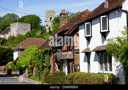 Village of Bramber, West Sussex, England, UK. Main street with St Nicholas Church (Norman) and remains of Norman Castle. Stock Photo