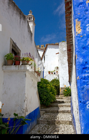 Narrow street / alleyway in old walled town of Obidos, central Portugal. Town wall beyond. Stock Photo