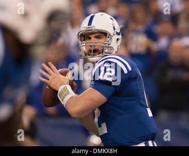 Indianapolis, IN, USA. 15th Dec, 2013. Indianapolis Colts quarterback Andrew Luck (12) drops back to pass during the NFL game between the Houston Texans and the Indianapolis Colts at Lucas Oil Stadium in Indianapolis, IN. Credit:  csm/Alamy Live News Stock Photo