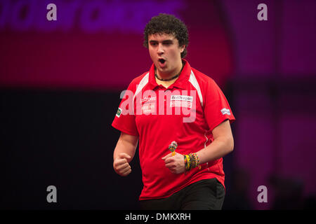 London, UK. 15th Dec, 2013. Jamie Lewis (Wales) celebrates a winning double in his game against Raymond van Barneveld (Netherlands) during the Ladbrokes World Darts Championships from Alexandra Palace. l Credit:  Action Plus Sports/Alamy Live News Stock Photo