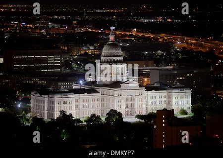 The Texas State Capitol in Austin, Texas, from the roof of a nearby high-rise is featured in this Austin Skyline Image. Stock Photo