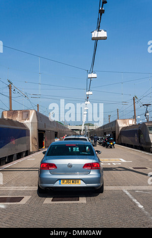 Cars boarding the Eurotunnel cross-channel train between England and France. Folkstone, England, GB, UK. Stock Photo