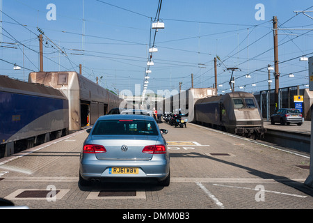 Cars boarding the Eurotunnel cross-channel train between England and France. Folkstone, England, GB, UK. Stock Photo