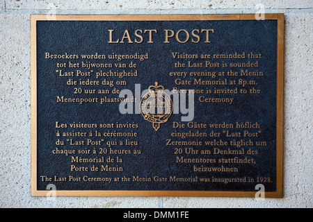 Information Plaque about the 'Last Post' Ceremony in the Menin Gate, Ypres. Stock Photo