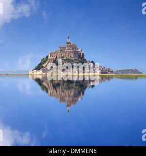 Le Mont Saint Michel, an UNESCO world heritage site in France, with reflection Stock Photo