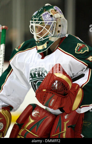 16 October 2009: Aeros goalie Anton Khudobin (30) focused on the puck.  Aeros defeated Rampage 4 - 2 at Toyota Center in Houston TX. (Credit Image: © Southcreek Global/ZUMApress.com) Stock Photo