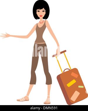 Beautiful young woman with suitcase. Stylish girl travels, colored ...