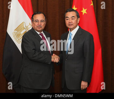(131216) -- BEIJING, Dec. 16, 2013 (Xinhua) -- Chinese Foreign Minister Wang Yi (R) holds talks with his Egyptian counterpart Nabil Fahmy in Beijing, capital of China, Dec. 16, 2013. (Xinhua) (mp) Stock Photo
