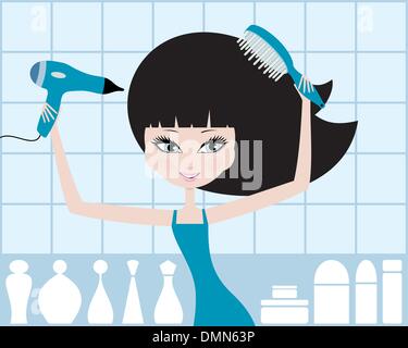 Pretty girl dries hair Stock Vector