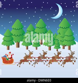 Santa Claus riding in sleigh with deers. Stock Vector