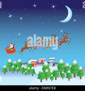 Santa Claus fly in sleigh with deers. Stock Vector