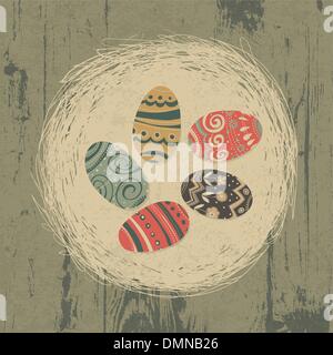 Easter eggs in nest on wooden texture. Easter background, retro Stock Vector